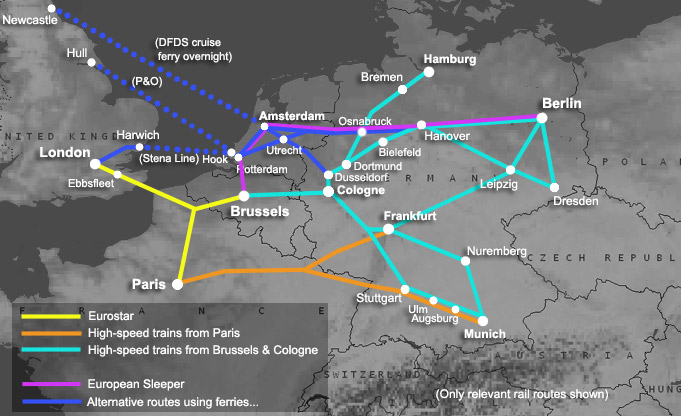 Route map, London to Germany by train