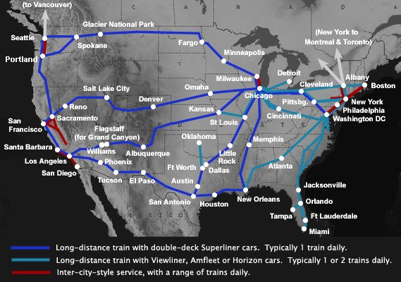 Amtrak cross-country train route map